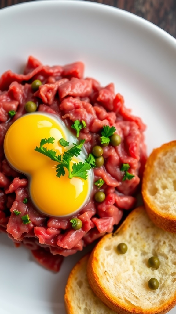 Classic Steak Tartare Recipe A plate of steak tartare with raw beef, egg yolk, capers, and toast.